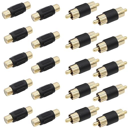 20 Pack Female & Male Gold RCA cable Cord Coupler Joiner barrel Connectors