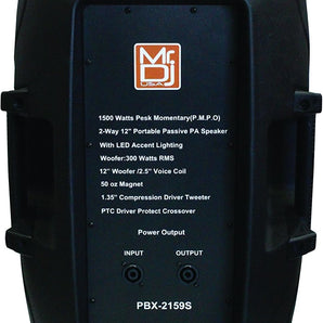 MR DJ PBX2159S 12" 2-Way Portable Passive PA/DJ Speaker LED Accent Lighting