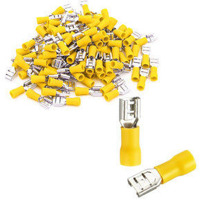 Female quick disconnect vinyl insulated spade wire connector electrical crimp terminal for 12-10 AWG, yellow color.