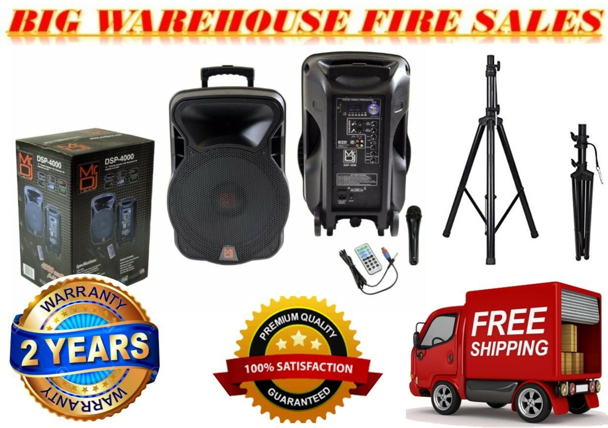 PRO 15" 4000W Bluetooth DSP FM Radio USB Portable PA DJ Speaker & Stand