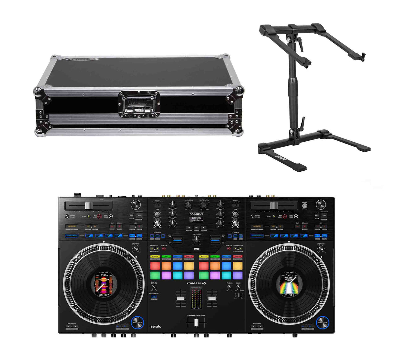 Pioneer DDJ-REV7, 2-Channel DJ Controller Package with Odyssey Flight Case and Headliner Laptop Stand