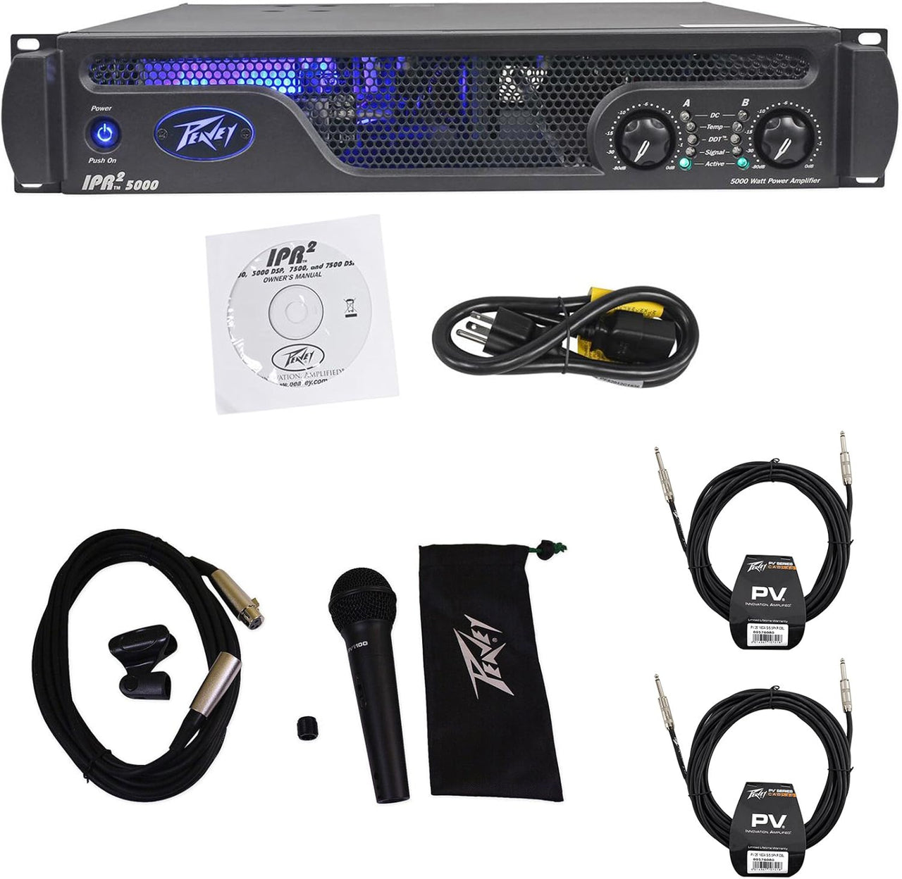 Peavey IPR2 5000 2-Channel Lightweight 5000W Power Amplifier +PVI100XLR Mic+2 Speaker Cables