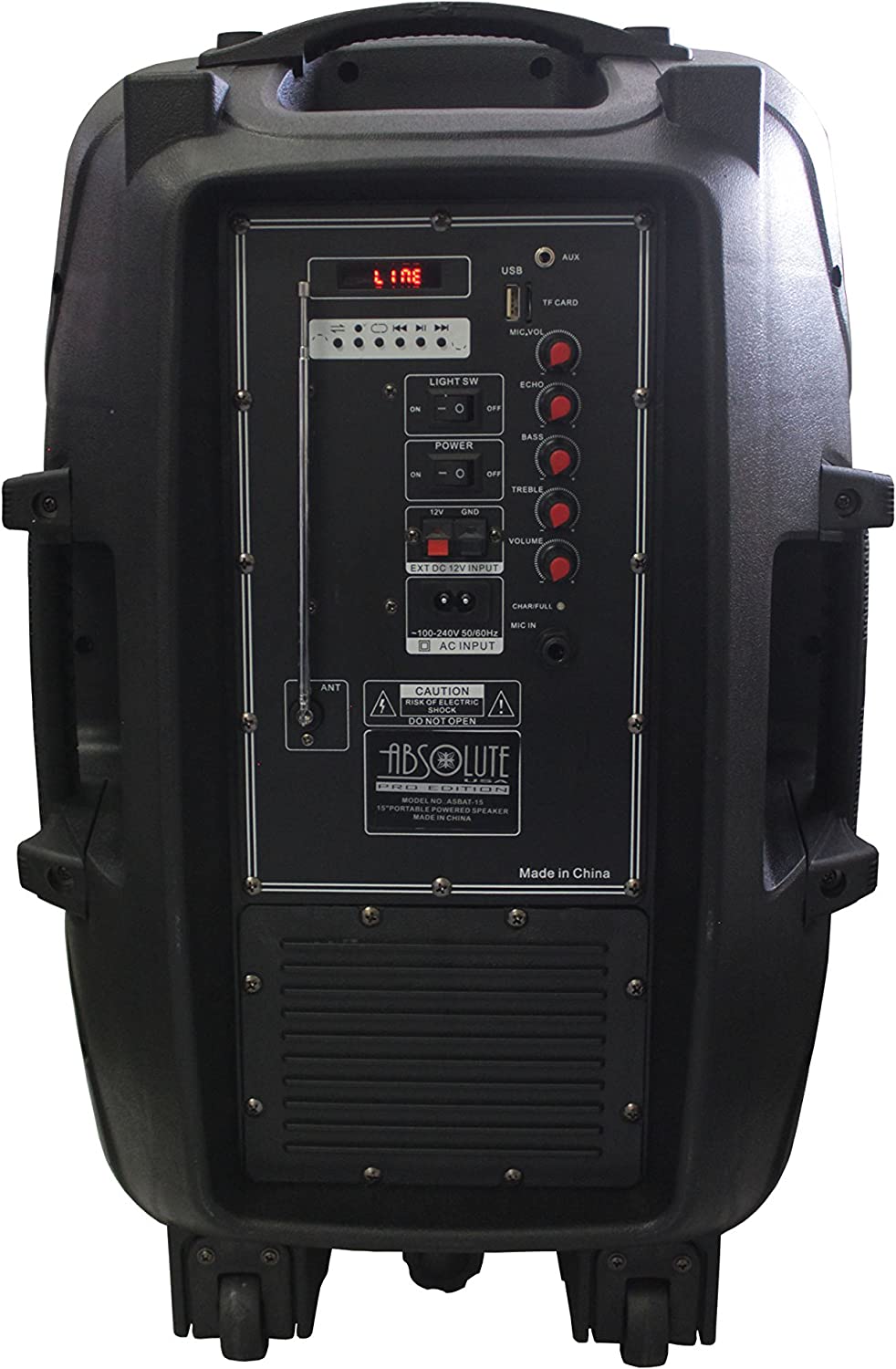 Absolute AS15BAT 15" Bluetooth Speaker 15" Rechargeable Portable DJ PA Speaker / Bluetooth/ karaoke LED 3000 watt