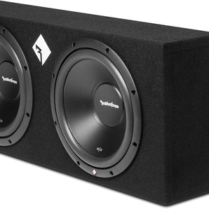 Rockford Fosgate R2-2X12 dual subwoofers in sealed enclosure, delivering 1000W peak power for superior sound quality.
