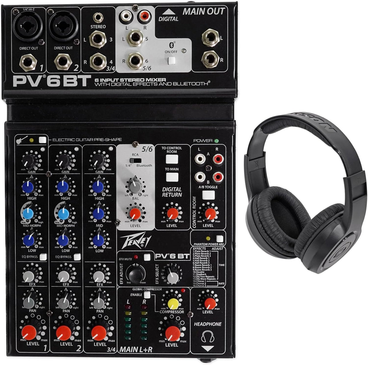 Peavey PV 6 BT 6 Channel Compact Mixing Mixer Console with Bluetooth + Certified Headphones