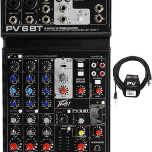 Peavey PV 6 BT 6 Channel Compact Mixing Mixer Console with Bluetooth + 20' XLR
