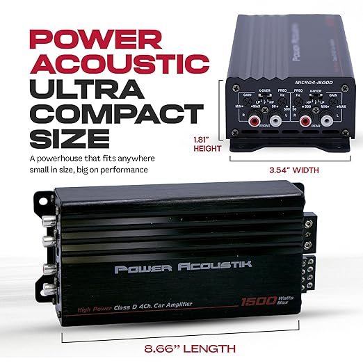 Power Acoustik MICRO4-1500D 1500W Class D Compact 4-Channel Car Amplifier