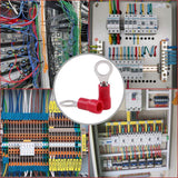 Collage of electrical panels featuring vinyl insulated connectors, focusing on MR DJ RT2218R red ring terminal connectors.