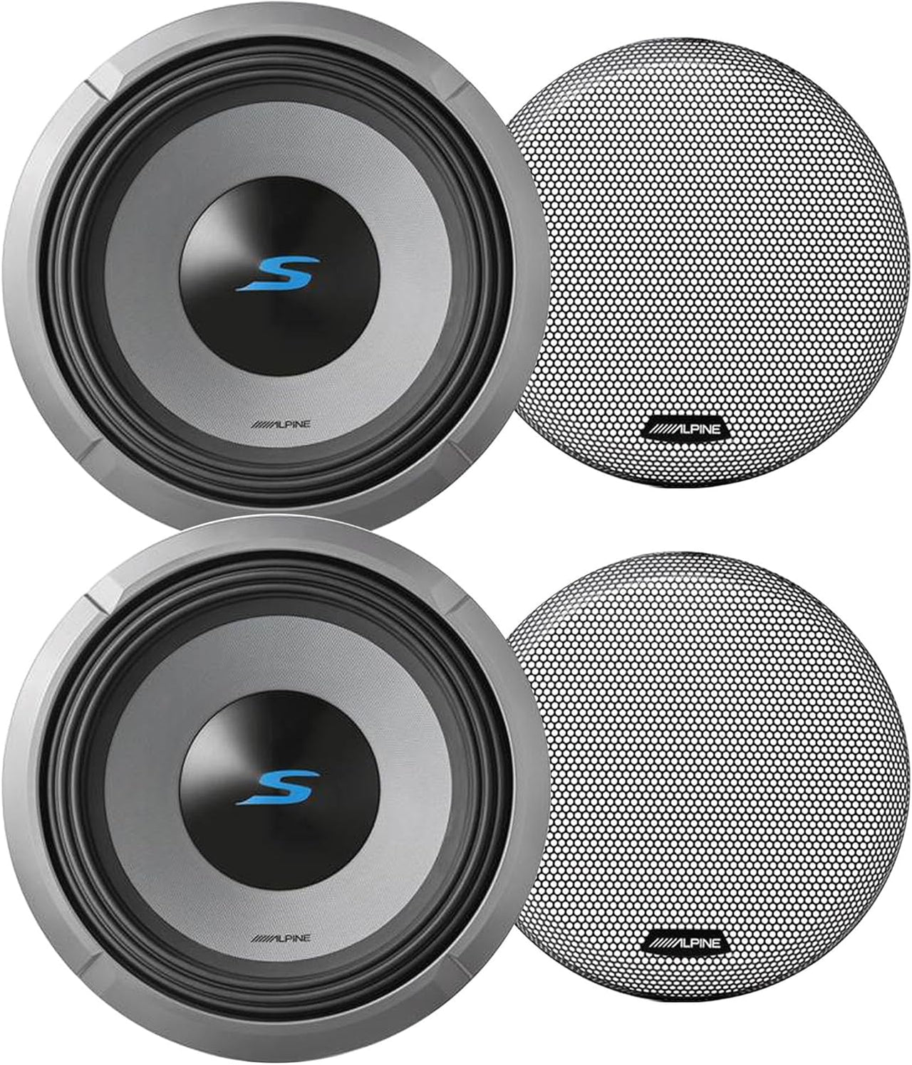 Alpine 2- S2-W12D4 12" S-Series Dual 4 Ohm Car Subwoofer & 2 KTE-12G.3 Grille