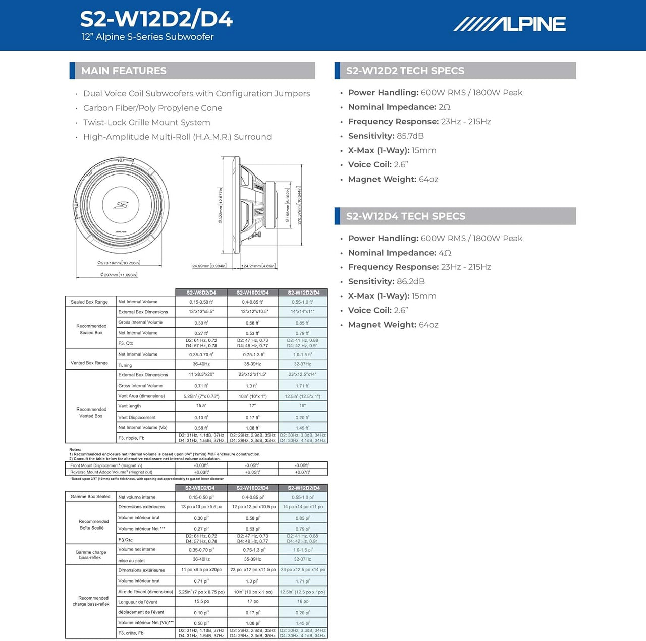 2 Alpine S2-W12D2 1800W 12" Type-S Series Dual 2 ohm Car Subwoofer