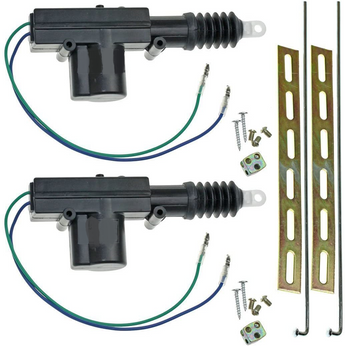 Power door lock actuator for cars, including 2 wires and mounting hardware for installation.