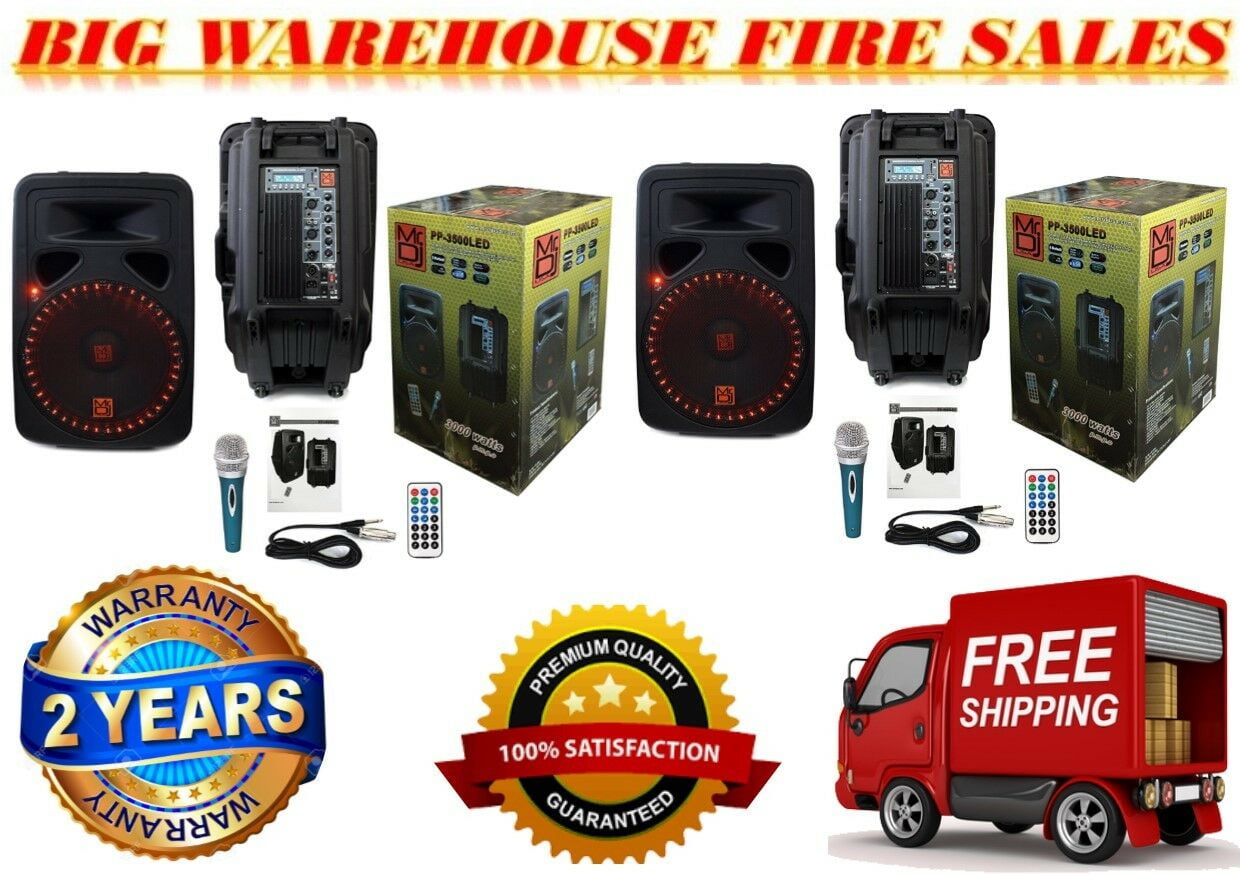 2 MR DJ 15" POWERED 3000W PRO DJ BLUETOOTH USB PA LED SPEAKER KARAOKE MIC