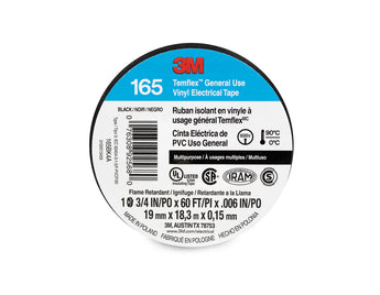 3M 165 Temflex vinyl black electrical tape roll, 3/4 inches wide, 60 feet long, designed for general electrical use.