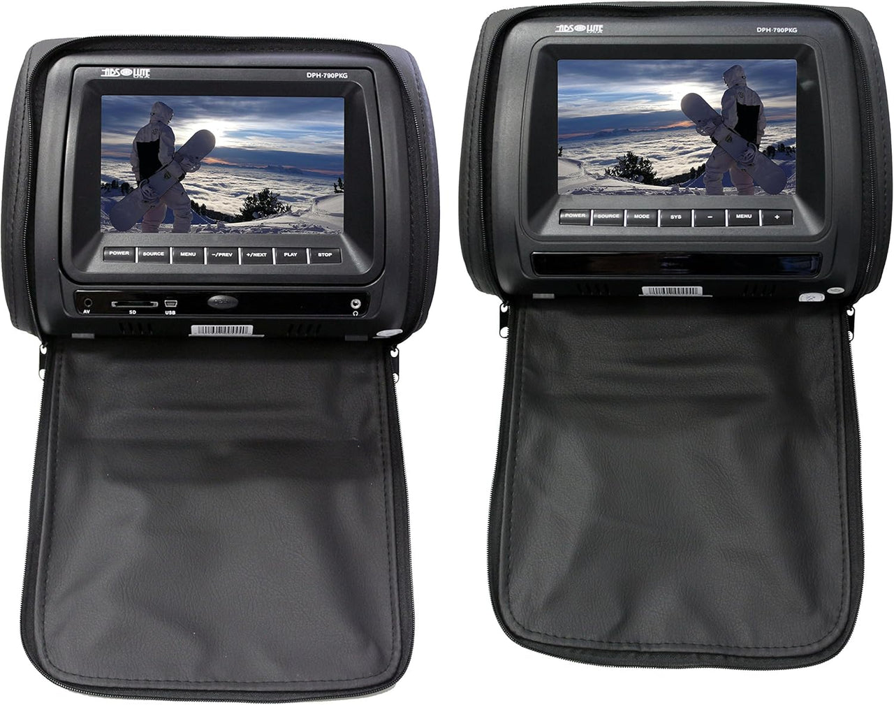 Absolute DPH-790PKGB 7" Pair Black Headrest TFT/LCD Monitor DVD/USB/SD Package