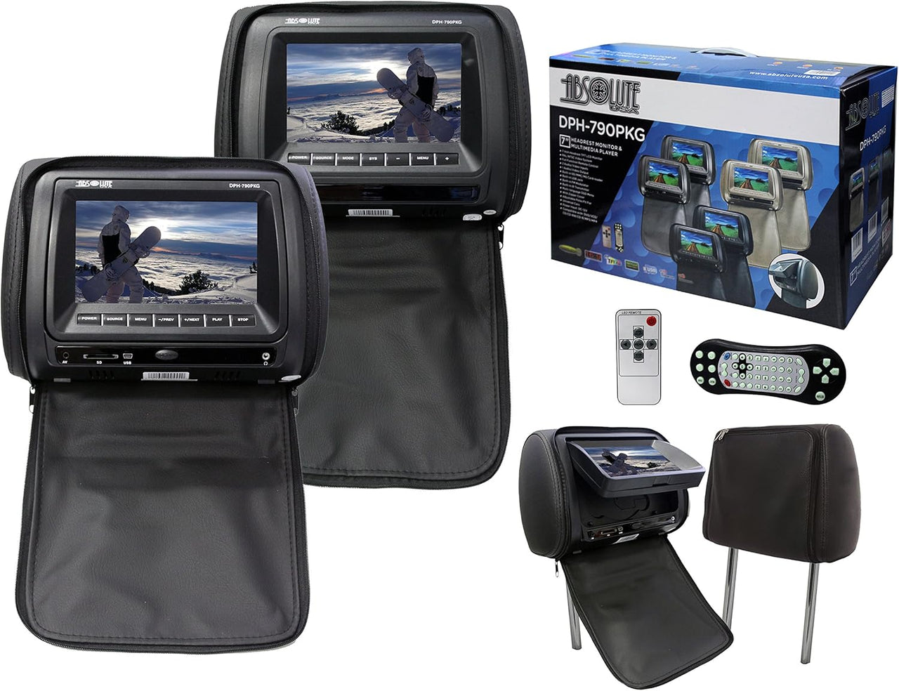 Absolute DPH-790PKGB 7" Pair Black Headrest TFT/LCD Monitor DVD/USB/SD Package