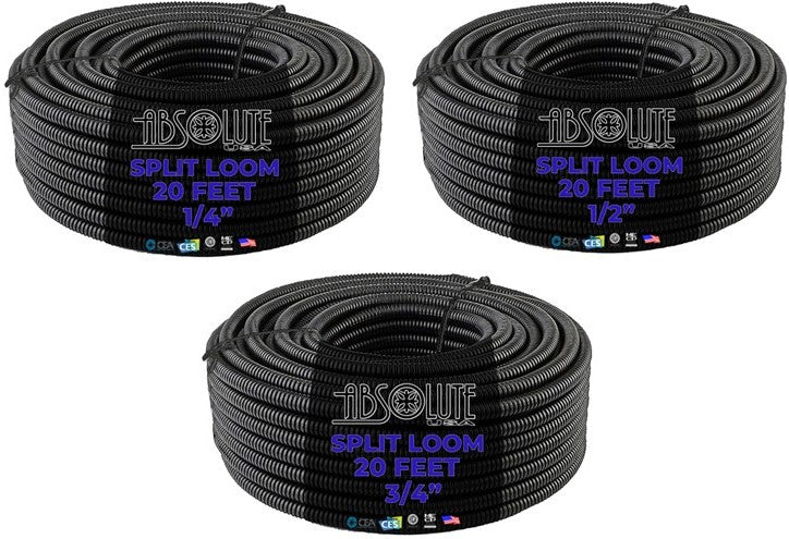 Absolute 3-Pack 1/4", 1/2", 3/4" x 20 Feet Each Split Wire Loom Convoluted Tubing
