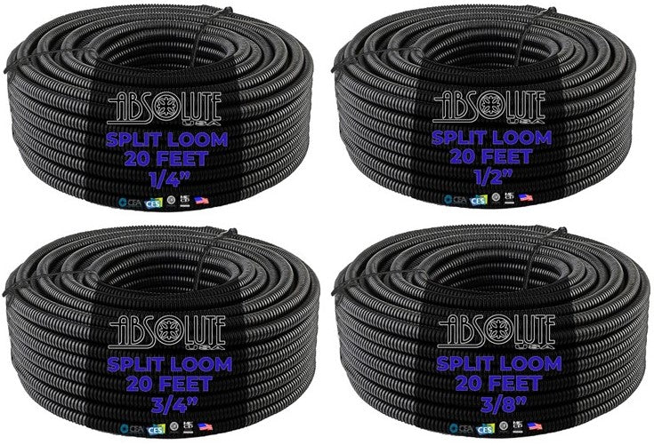Absolute 4-Pack 1/4", 3/8", 1/2", 3/4" x 20 Feet Each Split Wire Loom Convoluted Tubing