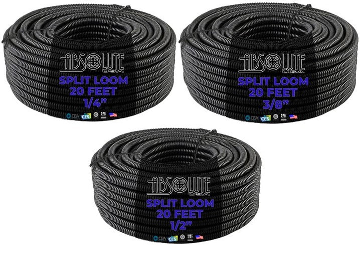 Absolute 3-Pack 1/4", 3/8", 1/2" x 20 Feet Each Split Wire Loom Convoluted Tubing