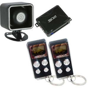Absolute AL810 car alarm system with two LCD remotes and siren for keyless entry and security.