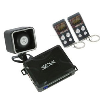 Absolute AL810 car alarm system with two LCD remotes and siren for keyless entry and security.