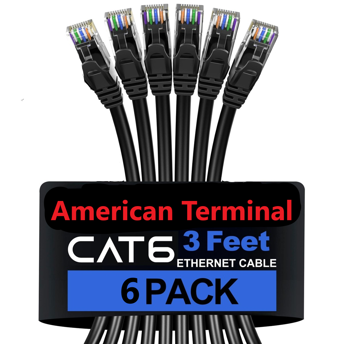 6 A-T 3' Cat6a Ethernet network patch cable RJ45 23AWG 600M solid copper wire 3' black