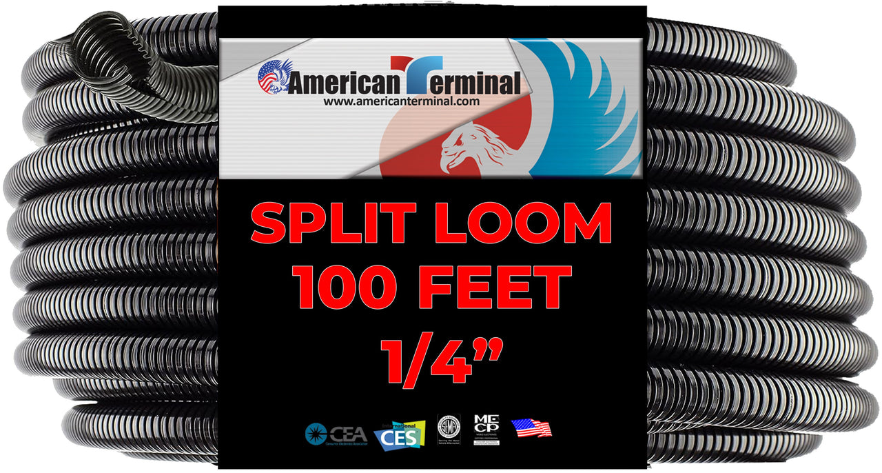 American Terminal 100 Feet Black 1/4" Split Loom Split Wire Loom Conduit Corrugated Plastic Tubing Sleeve