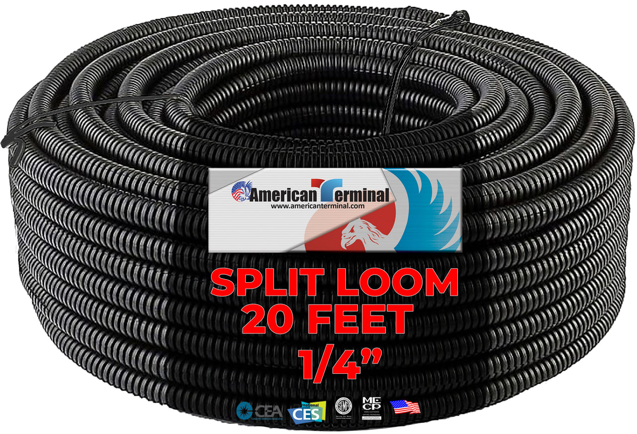 American Terminal 20 Ft 1/4" Split Wire Loom Conduit Polyethylene Tubing Black Color Sleeve Tube
