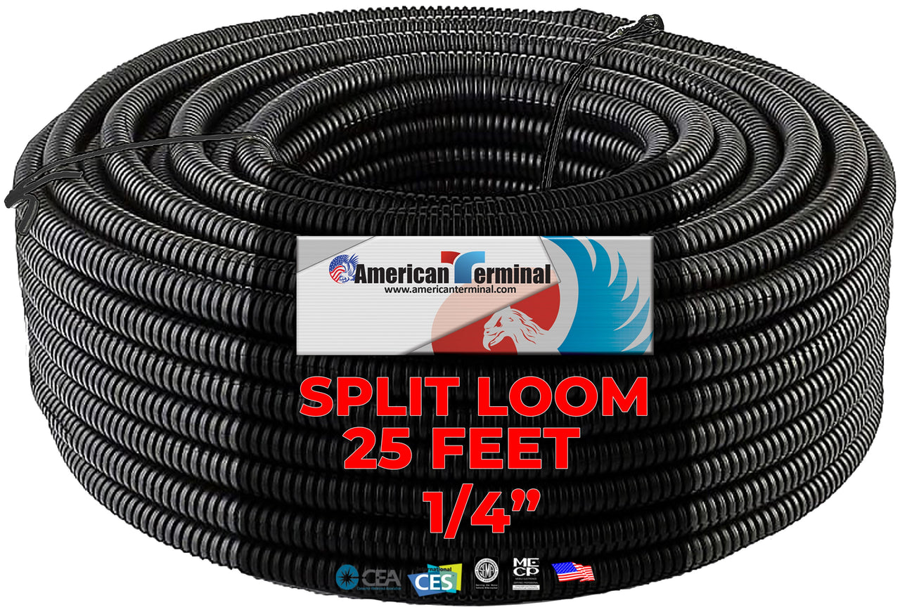 American Terminal 25 Ft 1/4" Split Wire Loom Conduit Polyethylene Tubing Black Color Sleeve Tube