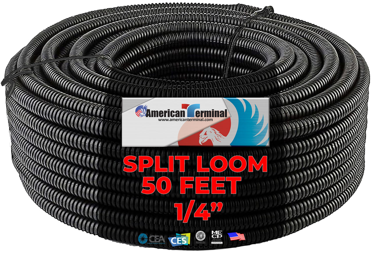 American Terminal 50' Feet 1/4" Black Split Loom Wire Flexible Tubing Wire Cover for Various Automotive, Home, Marine, Industrial Wiring Applications, Etc.