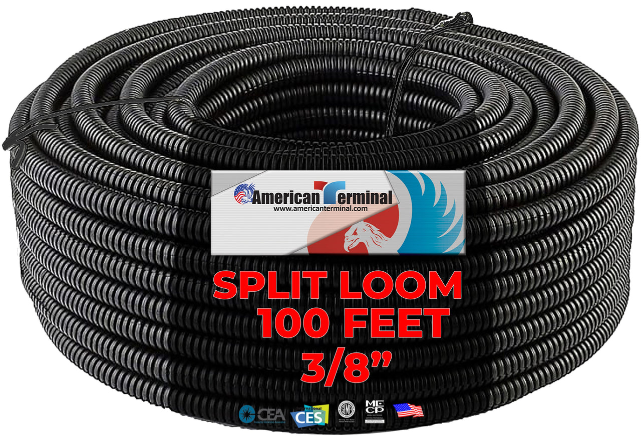 American Terminal 100 Ft 3/8" Split Wire Loom Conduit Polyethylene Tubing Black Color Sleeve Tube