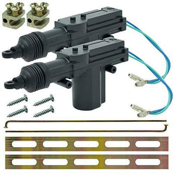 Power door lock actuator for cars, including 2 wires and mounting hardware for installation.