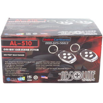 Absolute AL-510 One Way Car Alarm System box featuring remote controls and 500 feet range details.