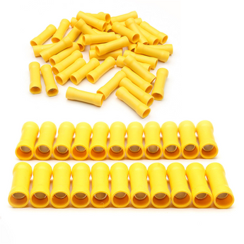 Yellow insulated crimp terminals stacked together, ideal for electrical connections and wiring needs.