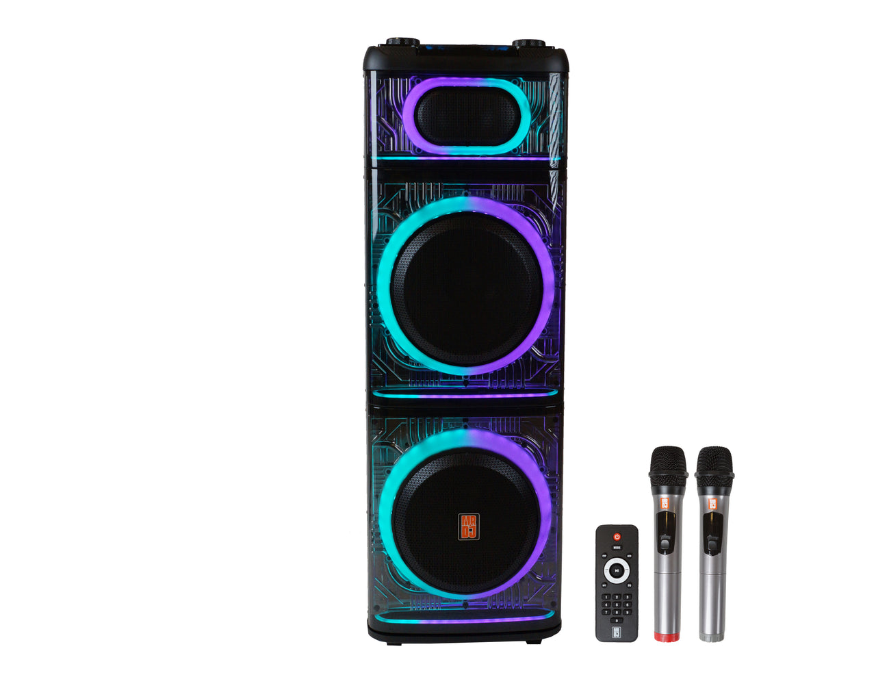 2 MR DJ BEVERLY HILLS 55000W Dual 12” Bluetooth Rechargeable Party Speaker Ring Partylights 2 Wireless Mic TWS Portable DJ PA System