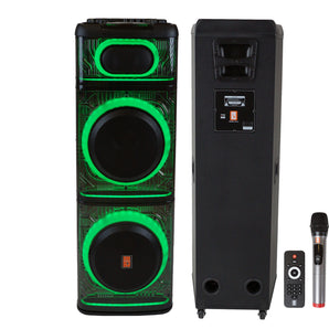 2 MR DJ BEVERLY HILLS 55000W Dual 12” Bluetooth Rechargeable Party Speaker Ring Partylights 2 Wireless Mic TWS Portable DJ PA System