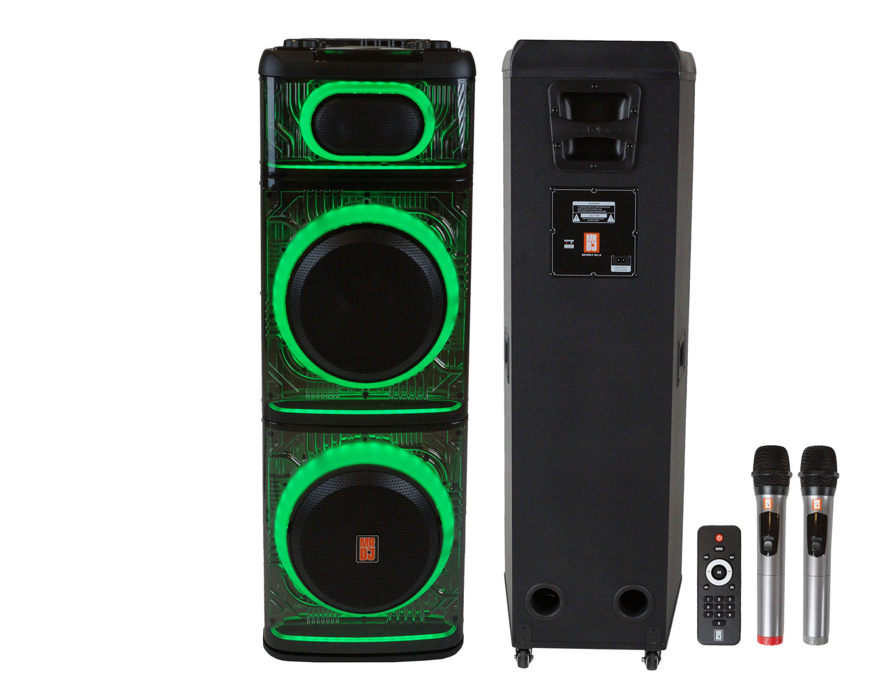 2 MR DJ BEVERLY HILLS 55000W Dual 12” Bluetooth Rechargeable Party Speaker Ring Partylights 2 Wireless Mic TWS Portable DJ PA System