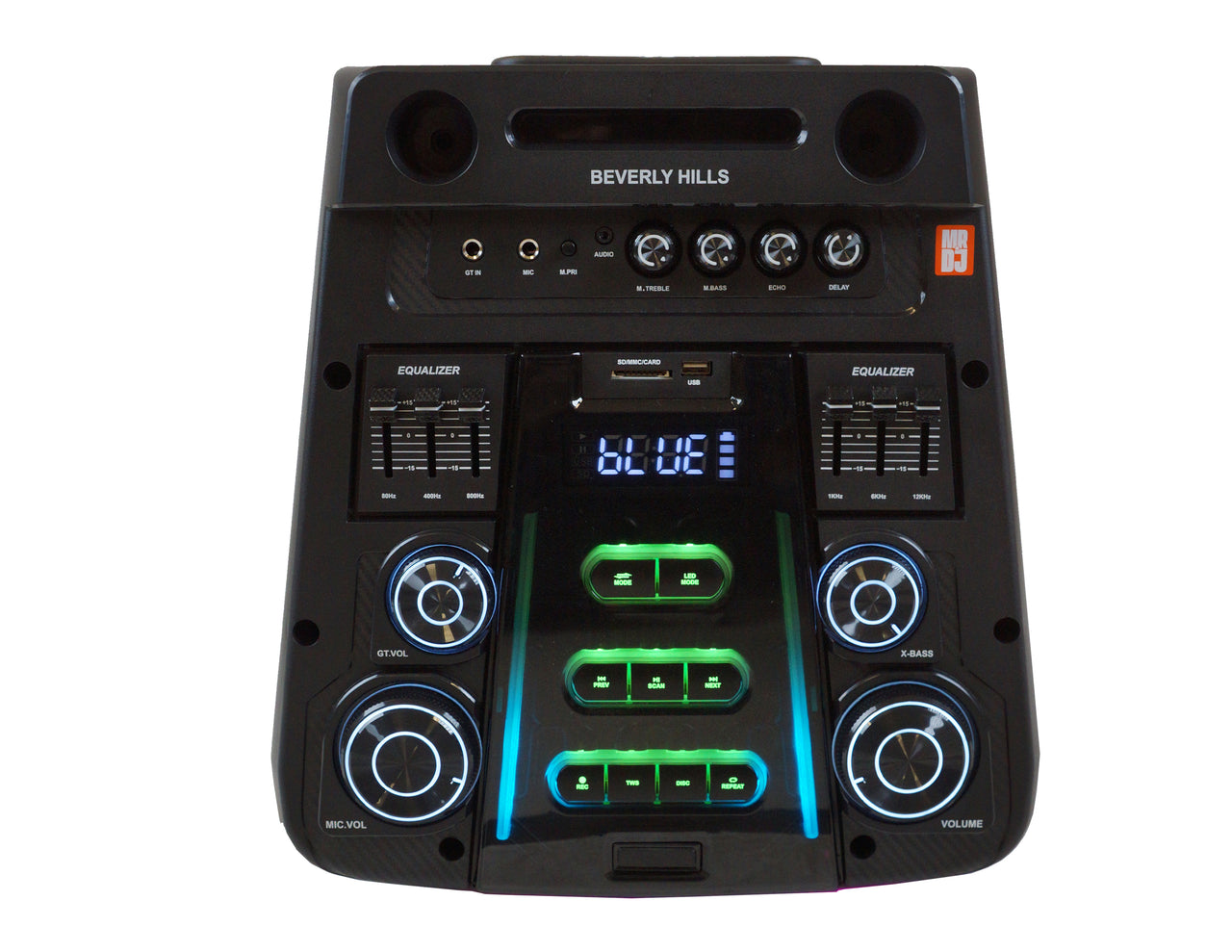 2 MR DJ BEVERLY HILLS 55000W Dual 12” Bluetooth Rechargeable Party Speaker Ring Partylights 2 Wireless Mic TWS Portable DJ PA System