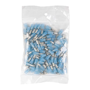 Close-up of Install Bay BNMB180 blue nylon male bullet connector for 16-14 gauge wiring.