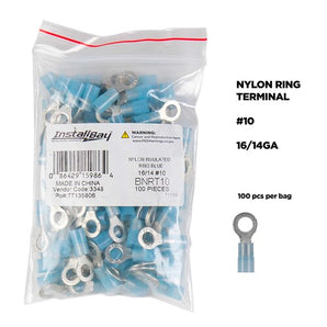 Install Bay BNRT10 blue nylon ring terminal 16-14 gauge package of 100 pieces in transparent bag. Install Bay BNRT10 blue nylon ring terminal 16-14 gauge package of 100 pieces in transparent bag.