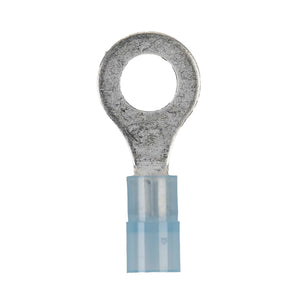 Install Bay BNRT14 nylon ring terminals in blue, designed for 16-14 gauge wires, featuring a 1/4 inch metal ring.