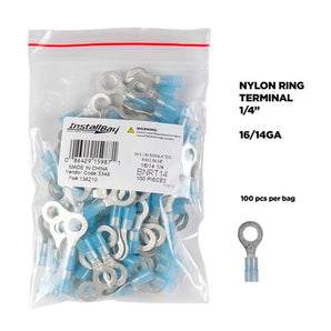Install Bay BNRT14 nylon ring terminals 16-14 GA 1/4 inch package of 100 in a clear bag.
