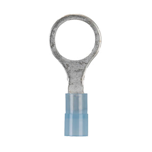 Close-up of Install Bay BNRT38 nylon ring terminals, 16-14 GA, 3/8 inch, blue nylon connector for electrical applications.