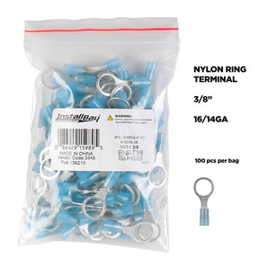 Install Bay BNRT38 nylon ring terminals 16-14 GA 3/8 inch package of 100 with clear bag and terminal details
