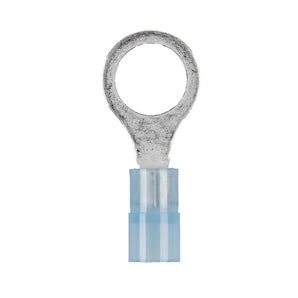 Blue nylon ring terminal for 16-14 gauge wire with a 5/16 inch opening.