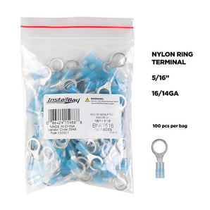 Install Bay BNRT516 blue nylon ring terminal package of 100 pieces for 16-14 gauge wiring.
