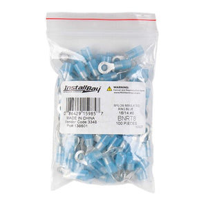 Install Bay BNRT8 Blue Nylon Ring Terminal 16-14 Gauge #8 - Package of 100 ring terminal in a sealed bag.
