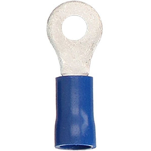 Blue vinyl ring terminal for 16-14 gauge wires, ideal for electrical connections and wire management.