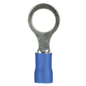 Blue vinyl ring terminal for 16-14 gauge wires, 3/8 inch opening, durable and reliable electrical connection.
