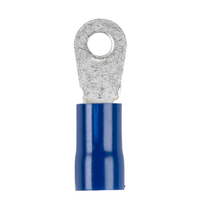 Close-up of a blue vinyl ring terminal for 6 gauge wire, showcasing the round hole and insulated body.