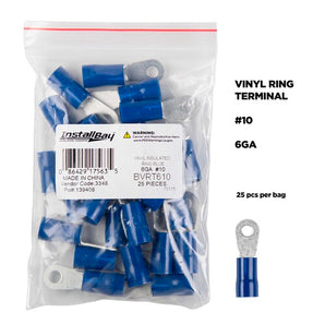 Install Bay BVRT610 blue vinyl ring terminal package of 25, 6 gauge #10, vinyl insulated terminals in a clear bag.